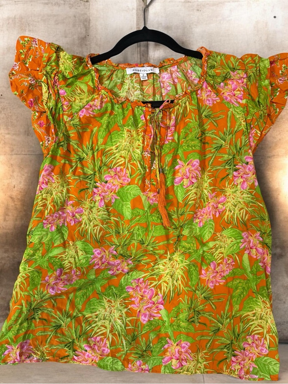 Rose & Olive Orange Floral Tie-Neck Tunic with Pink & Green Print